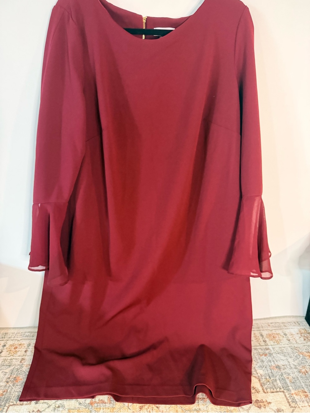 Calvin Klein burgundy dress gold zipper bell sleeves